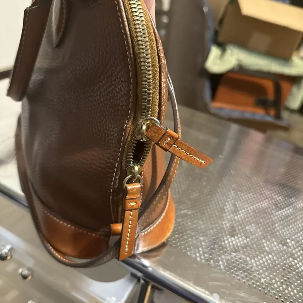 Dooney & Burke Pebble Leather Zip Zip Satchel Caramel Brown Shoulder Handbag